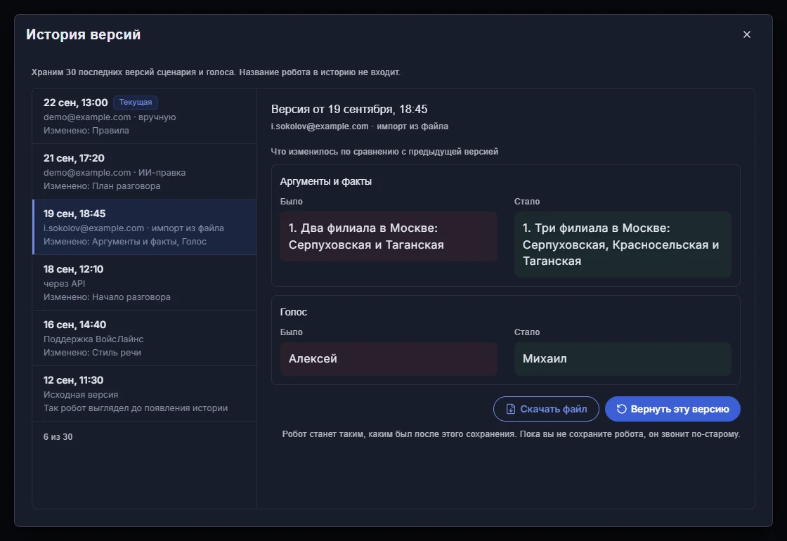 Окно «История версий» робота: слева сохранения — когда, кто и как поменял робота, справа выбранная версия с карточками «Было» и «Стало» и кнопками «Скачать файл» и «Вернуть эту версию»