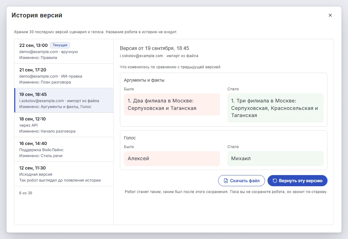 Окно «История версий» робота: слева сохранения — когда, кто и как поменял робота, справа выбранная версия с карточками «Было» и «Стало» и кнопками «Скачать файл» и «Вернуть эту версию»